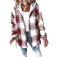 thumbnail image 3 of Women'S Casual Jacket Plaid Long Sleeve Shacket Fleece Lined Hooded Jackets Warm Coat Brick Red 4XL, 3 of 9