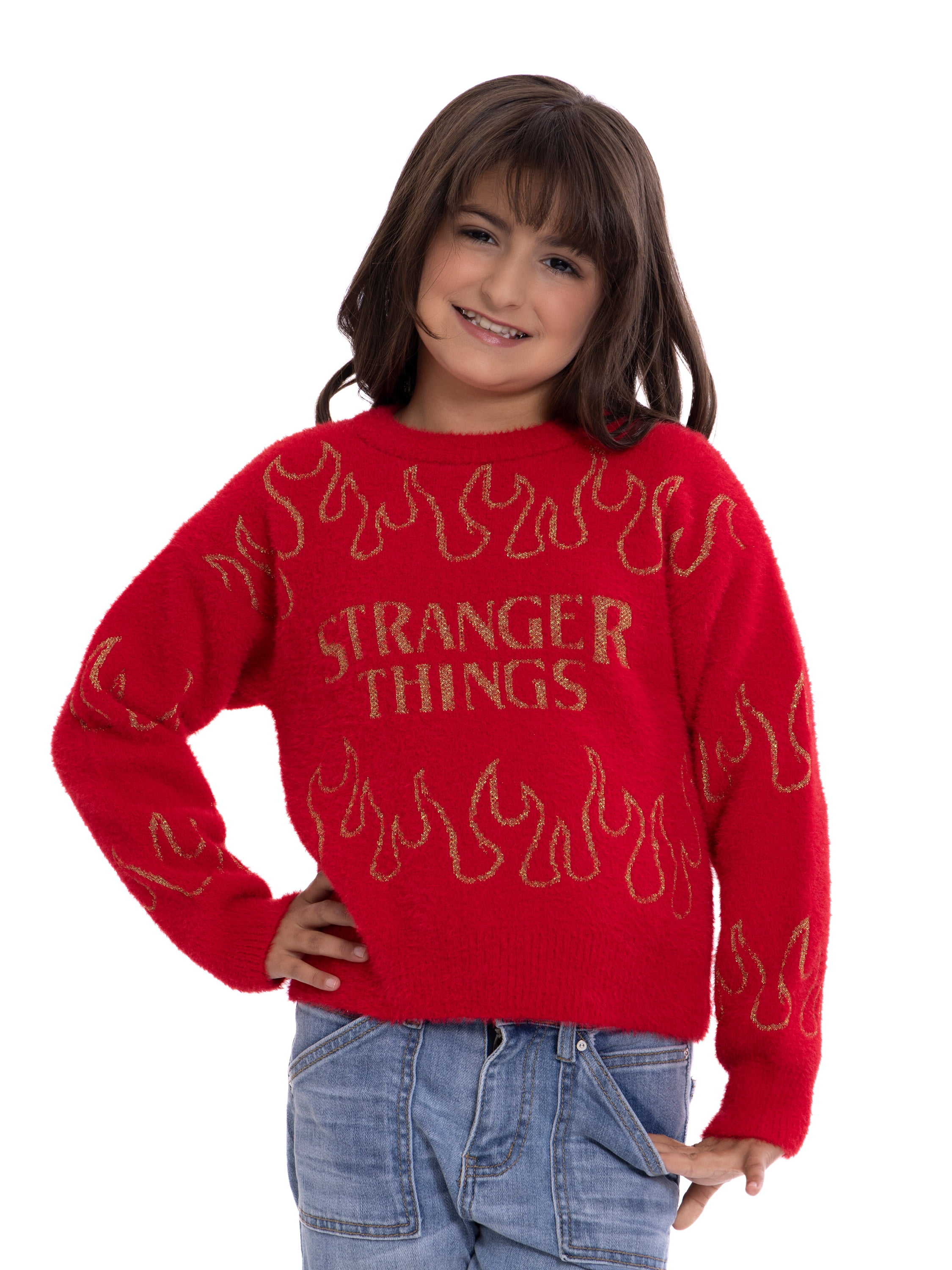 Stranger Things Girls Graphic Eyelash Knit Glitter Sweater, Sizes 4-16