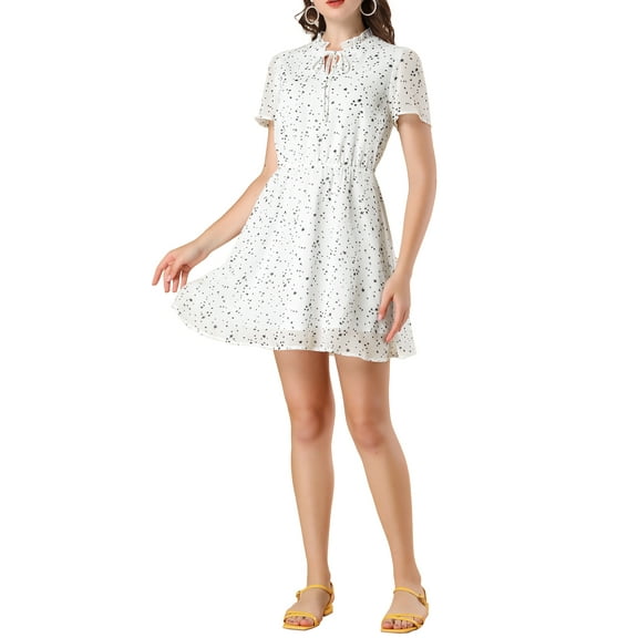 MODA NOVA Junior's Stars Print Flare Sleeve Ruffle Tie Neck Mini Dress White L