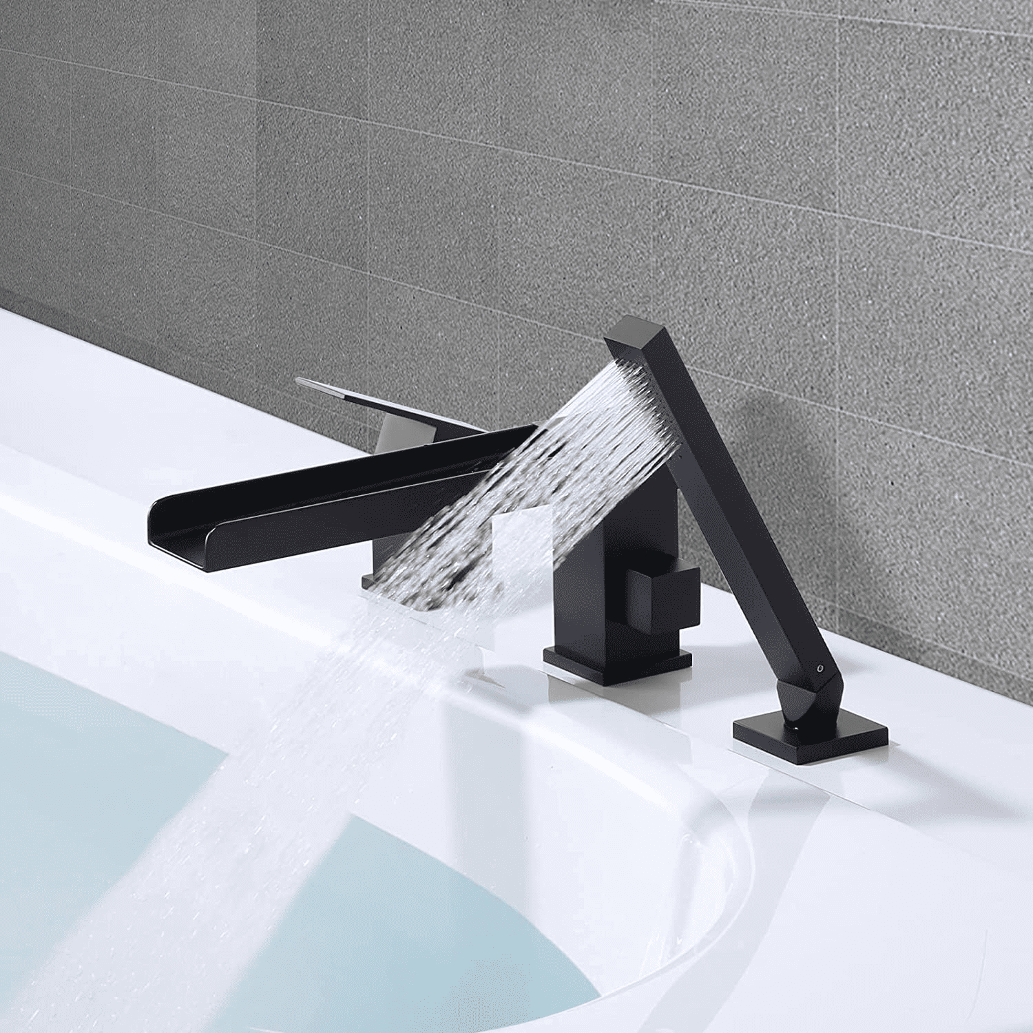 WOWOW Modern Matte Black Jacuzzi Garden Bathtub Faucet With Sprayer, Waterfall Deck Mount Bathroom Roman Tub Filler