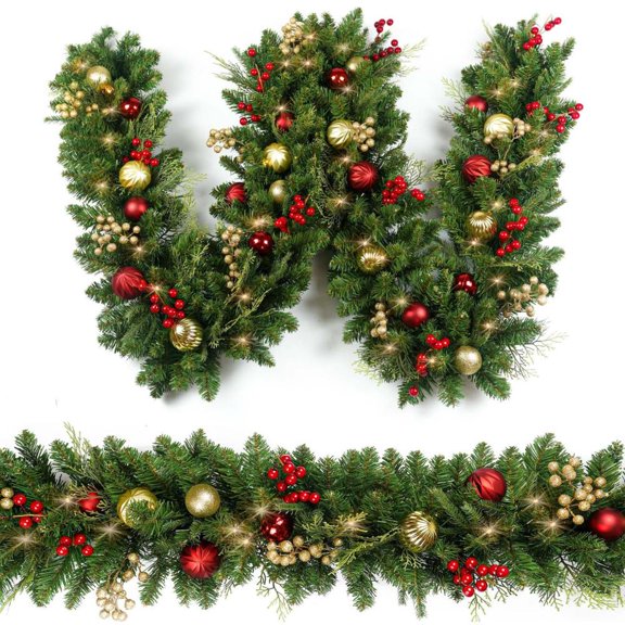 Feltree LED Christmas Wreath 9ft Green with Connectable Plug for Door Wall Stair Fireplace Decoration Indoor Outdoor