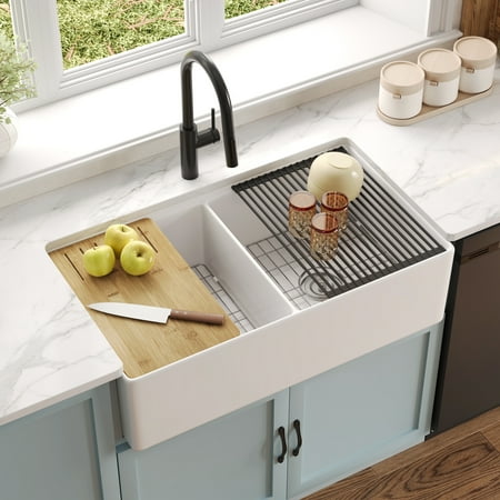 Deervalley 36" L X 20" W Double Bowl Workstation Farmhouse Kitchen Sink With Sink Grids, Cutting Board & Dish-Drying Rack DV-1K0258
