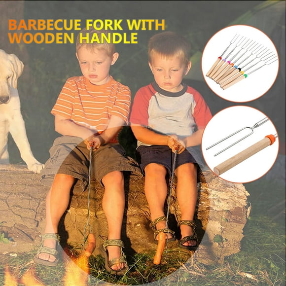 BBQ Fourchette de barbecue en Acier Inoxydable Rétractable en Forme de U 8 Couleurs avec Manche en Bois, Brochettes en Bois pour Cuisiner, Accessoire de Piquet en Bois, Bâton de Noël sur un Bâton, Bâtons d'Artisanat en Bois, Bâtons de Rôtissage, Manche en Bois