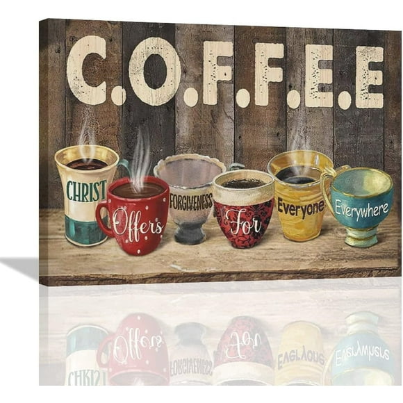 Farmhouse Christian Coffee Wall Art Rustic Kitchen Christ Coffee Wall Decor Country Kitchen Pictures Canvas Prints Motivational Modern Artwork for Kitchen Home Dinning Room Cafe Decor 16"x12"