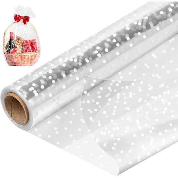 34 In x 100 Ft Clear Cellophane Wrap Roll, Extra Wide, 2.5 Mil Thick Transparent Wrapping Paper with White Dots for Baskets, Flower Bouquets (34" Fold into 17")