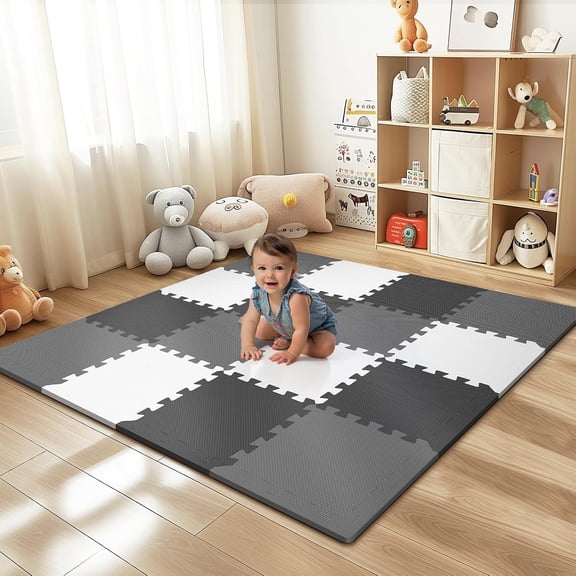 PIGLOG 16-Piece Baby Play Mat, 0.6 in Thick EVA Foam Puzzle Floor Tiles, 47.2 x 47.2 in, 16 Sq Ft Interlocking Mat for Babies & Toddlers