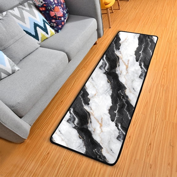 White Black Marble Texture Hallway Runner Rug 2'X6' Non-Slip Washable Carpet Runner Kitchen Entryway Laundry Bedroom