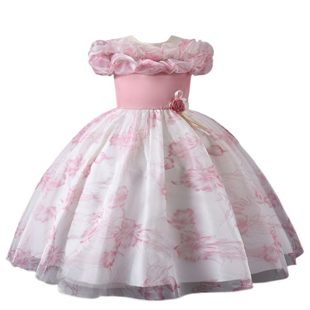 Girls Princess Gown Performance Girls Off Shoulder Floral Print Dress with Ruffle Neckline and Flared Skirt for Special Occasions and Parties Princess Dress Up for Girls 4-6 (Pink 120)