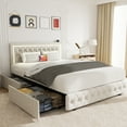 thumbnail image 3 of Full Bed Frame with 4 Storage Drawers, Upholstered Platform Bed Frame with Type-C & USB Ports, Adjustable Button Tufted Headboard, Mattress Foundation with Slats Support, No Box Spring Needed, Beige, 3 of 8