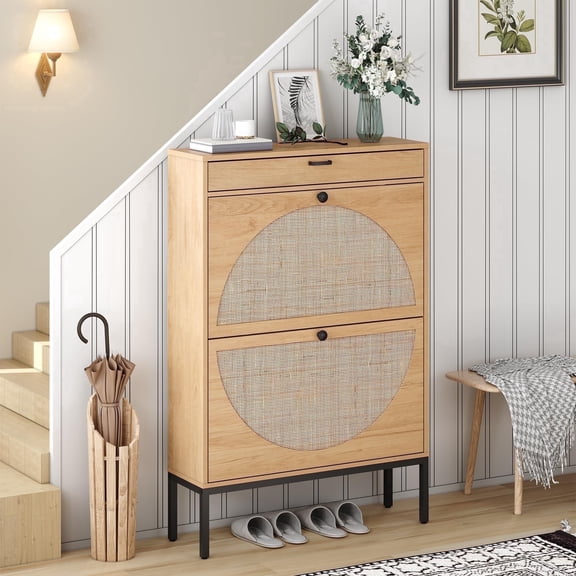 Brafabhome Shoe Storage Cabinet with 2 Flip Oval Drawers, Slim Entryway Upgraded Large Shoe Organizer with Rattan Doors for Sneakers, High Heels and Slippers | 16 Pairs