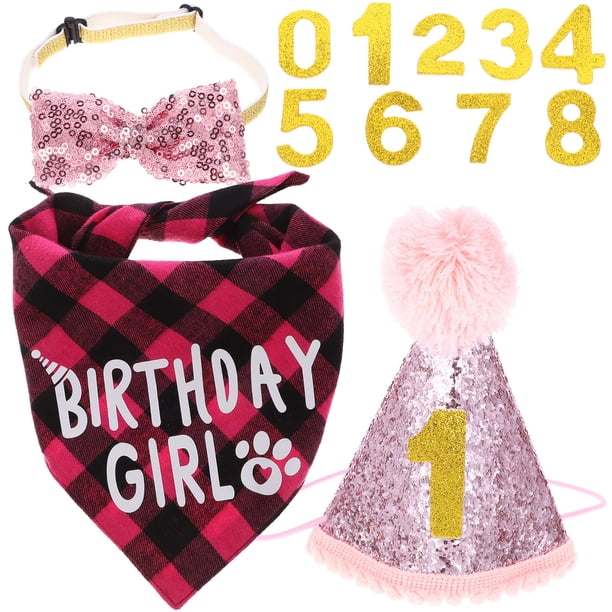 KAKOWELY 1 juego de gorro y babero de cumpleaños para gato, pajarita decorativa para gato, gorro y babero con números de feliz cumpleaños