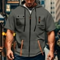 thumbnail image 2 of Men's Casual Short Sleeve Sweatshirt, Loose Breathable Solid Color Jacket with Multiple Pockets and Zipper for Sports and Summer Outings,Dark Gray,L, 2 of 4