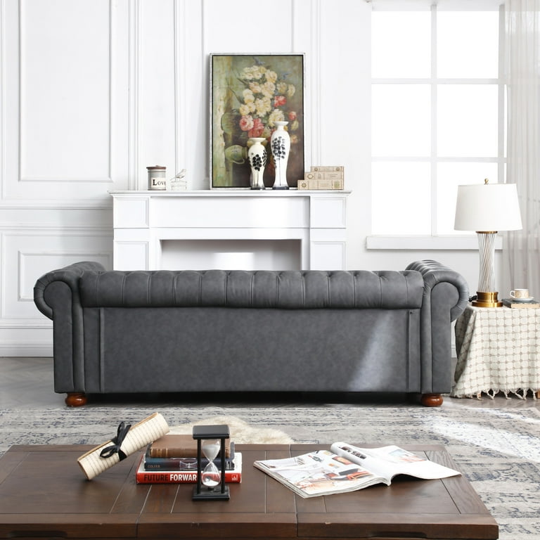 Faux Leather Chesterfield Sofa, 88'' Button Tufted Upholstered