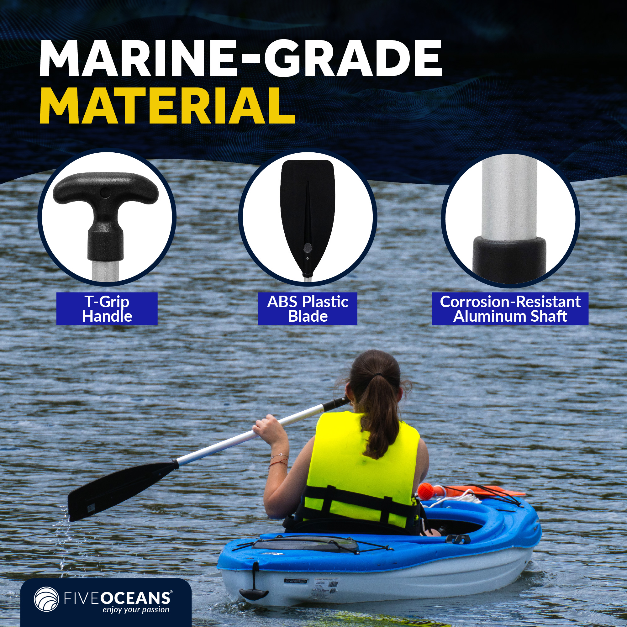 Five Oceans 4-Feet Canoe Paddle - Boat Paddle, T-Handle Oar Paddle for Canoe, Kayak and Small Boats - Corrosion-Resistant Floating Boat Paddles Marine-Grade Aluminum and Heavy-Duty Plastic - FO4722