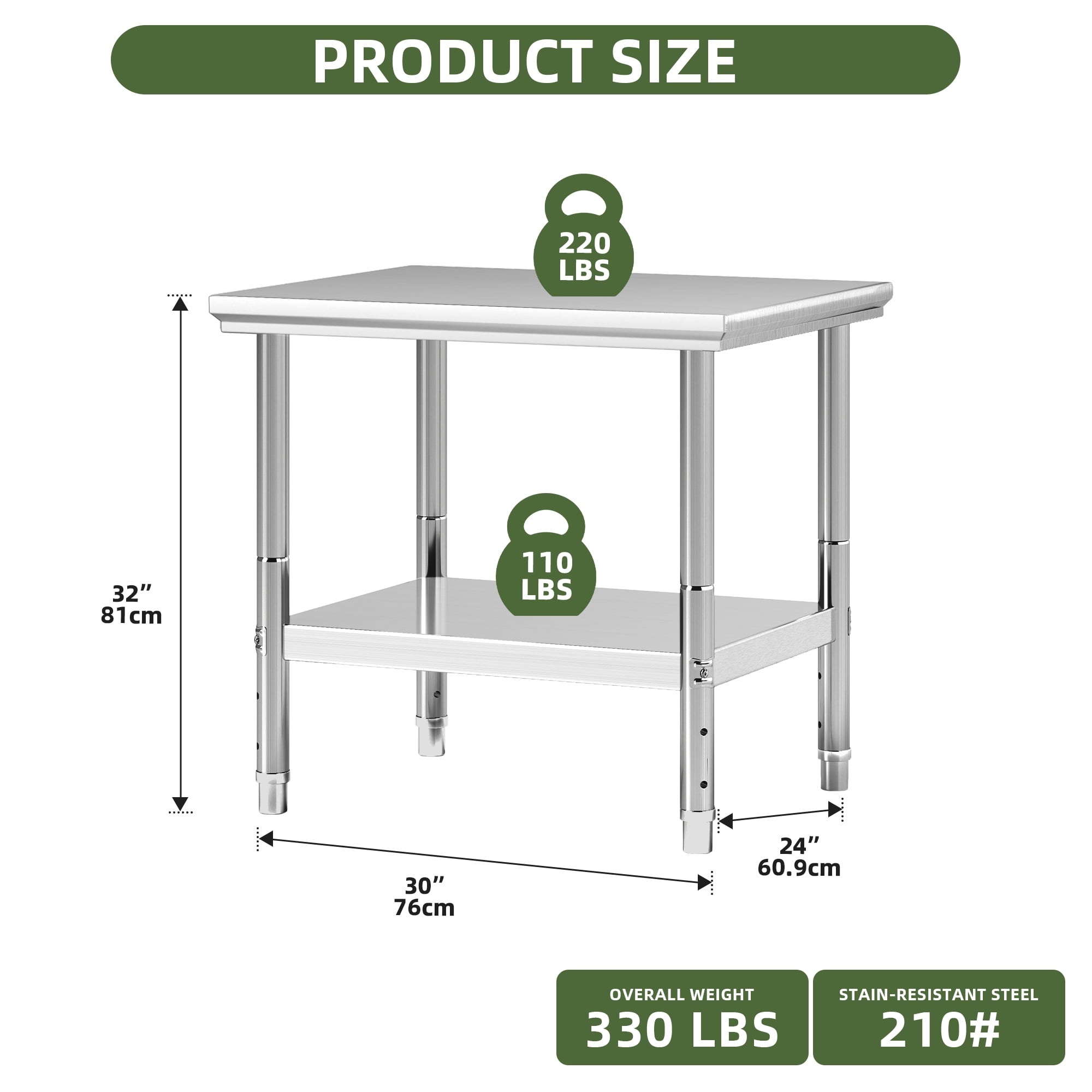 Uforic 330lb Capacity 30" x 24" Stainless Steel Adjustable Workbench for Home & Commercial Use