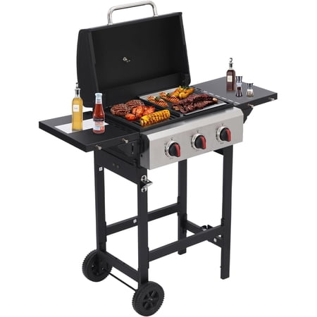 CIG GARDEN 3-Burner Grill, 31,500 BTU Outdoor BBQ with Cast Iron Grates & Side Burner for Backyard, Patio, Tailgating & Camping