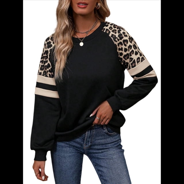 Camisas de Larga con Estampado de Leopardo para Mujer, Sudaderas Informales de Otoño con Cuello Redondo y Bloques de Color Negro L