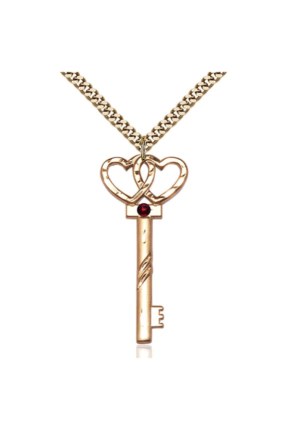 Gold Filled Key w/Double Hearts Pendant with 3mm January Red Swarovski Crystal 1 1/2 X 5/8 inches with Heavy Curb Chain
