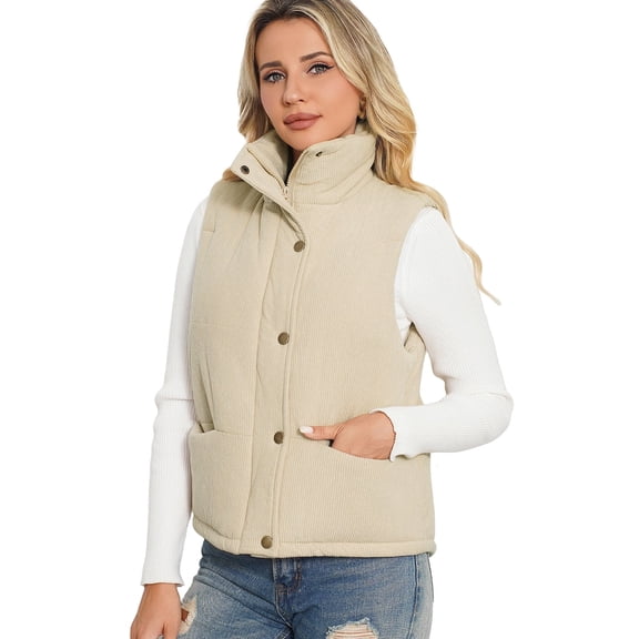Czanzd Women's Corduroy Stand Collar Puffer Vest Warm Puffy Outerwear(Apricot,M)