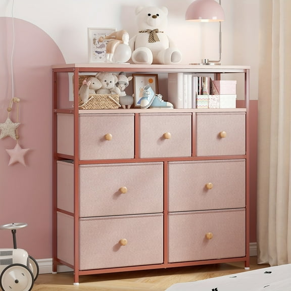Pink Dresser, Dresser for Bedroom with 7 Drawers, Chests of Drawers & Dresser for Bedroom with Wood Top And Metal Frame, Dresser for Living Room, Closet, Storage Drawer Units