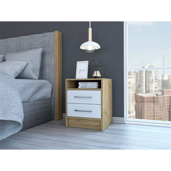 Boahaus Malaga Modern Nightstand, White-Brown Painted, 2-Drawers, for Bedroom