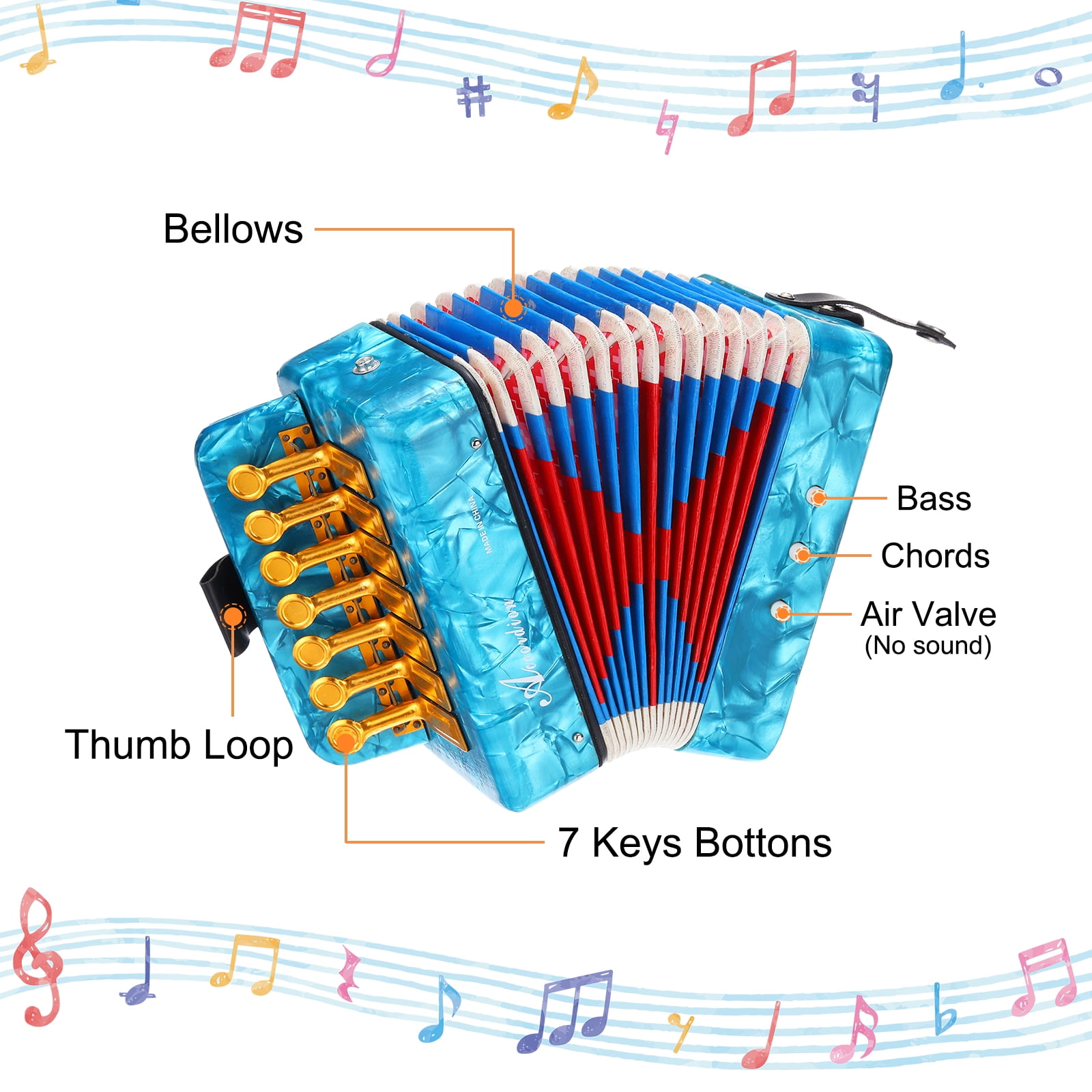 Uxcell Accordion, 10 Keys Bass Button Accordion Mini Musical Instrument Lightweight for Children Beginners Educational, Sky Blue
