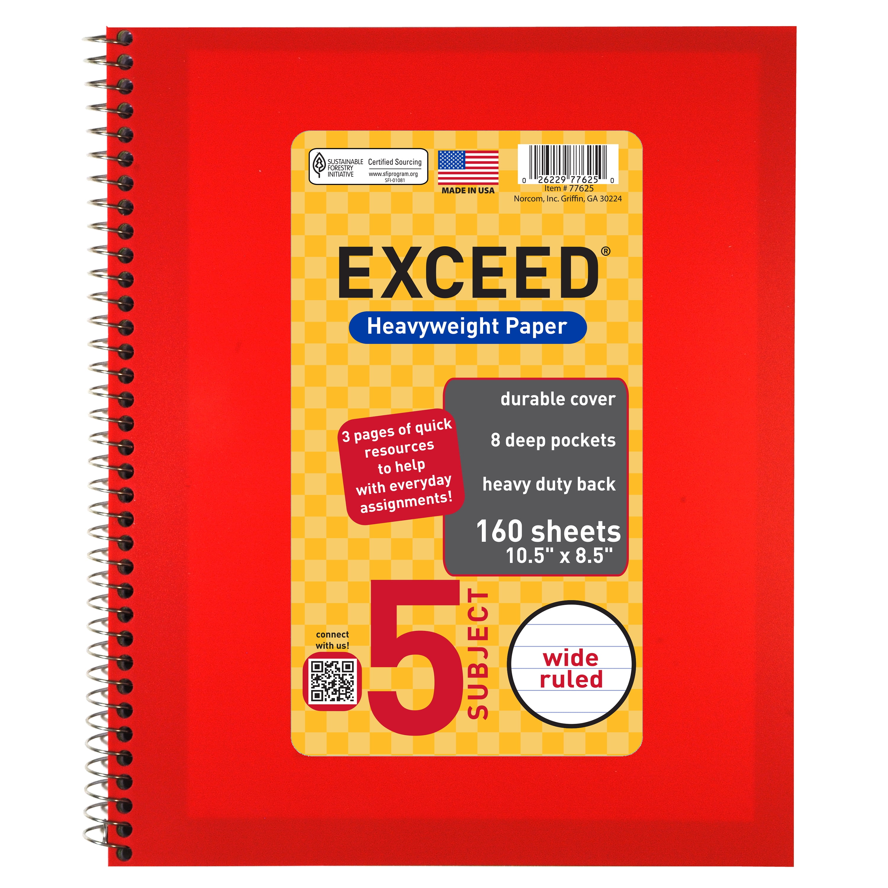 Exceed Spiral Notebook, Wide Ruled, 5 Subject, 160 Pages, 8.5" x 10.5", Color Choice Will Vary, 77625