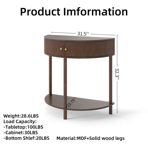 Aukfa Half Moon Console Table with Rattan Storage Cabinet,Side Table Sofa Table for Living Room, Hallway,Brown