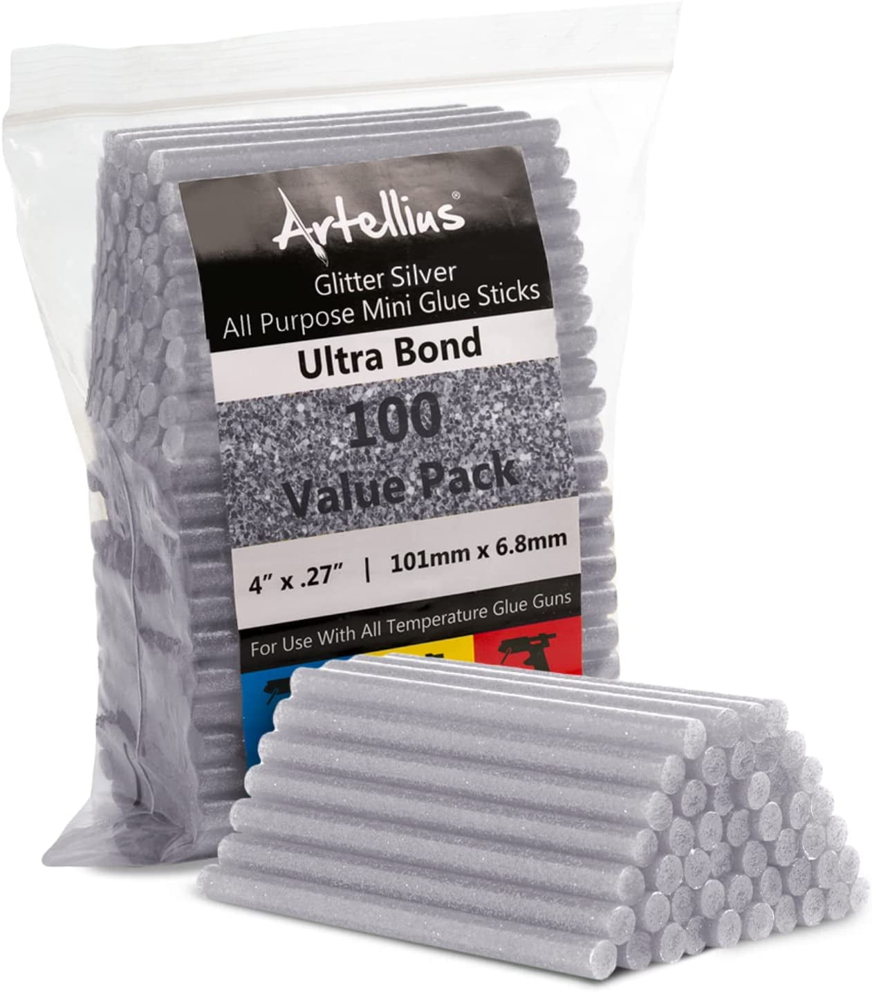 100 Pack Color Hot Glue Sticks. Glitter Silver Colored Glue Gun Sticks