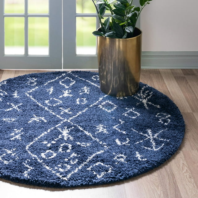 Unique Loom Rabat Shag Collection Moderne Tribal Marocain Inspiré Tapis en Peluche & Doux Zone de Conception Nomade, 8 Pi x 8 Pi, Bleu Marine/ivoire