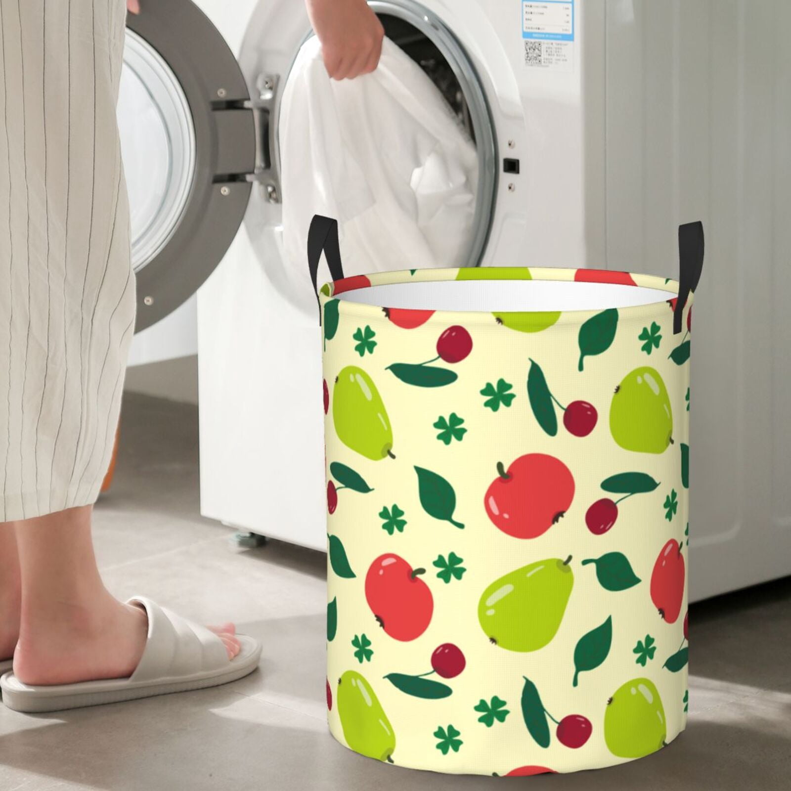 Large Laundry Basket with Handles - Cute Teal Pear Red Fruit Kids Baby Dirty Clothes Laundry Hamper for Bedroom Aesthetic