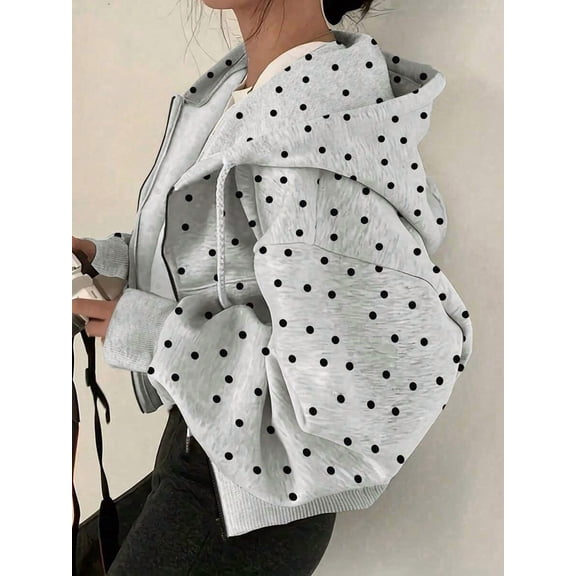 Womens Light Grey Polka Dot Zip-Up Hoodie, Long Sleeve Casual Sweatshirt