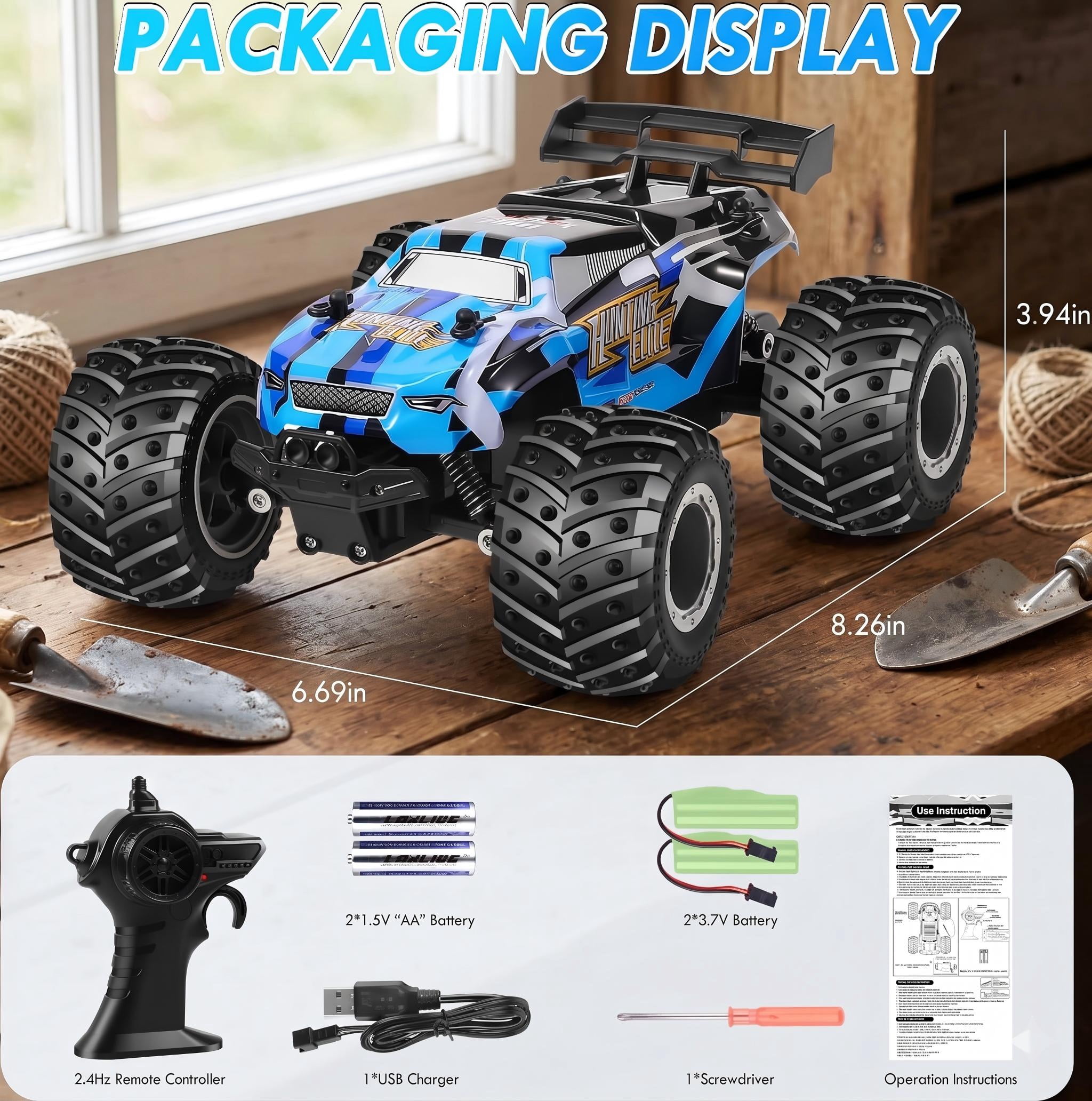 2.4GHz Remote Control Monster Truck, 20KM/H All Terrain Off-Road RC Car with LED Lights, 2 Rechargeable Batteries for Boys