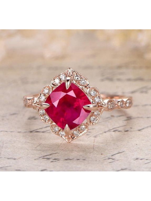 Vintage Antique Design 2 Carat Red Ruby 6mm Princess Cut and Moissanite Diamond Engagement Ring in 10k Rose Gold for Women on Sale