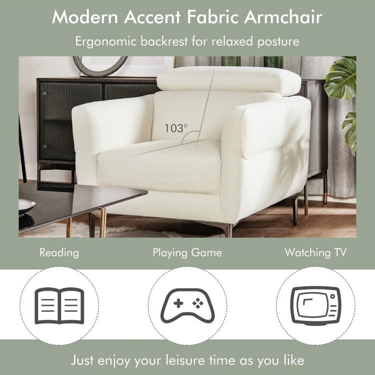 Finihen Single Sofa, Upholstered Sofa, Modern Upholstered Single Sofa with Adjustable Headrest, for Living Room, White