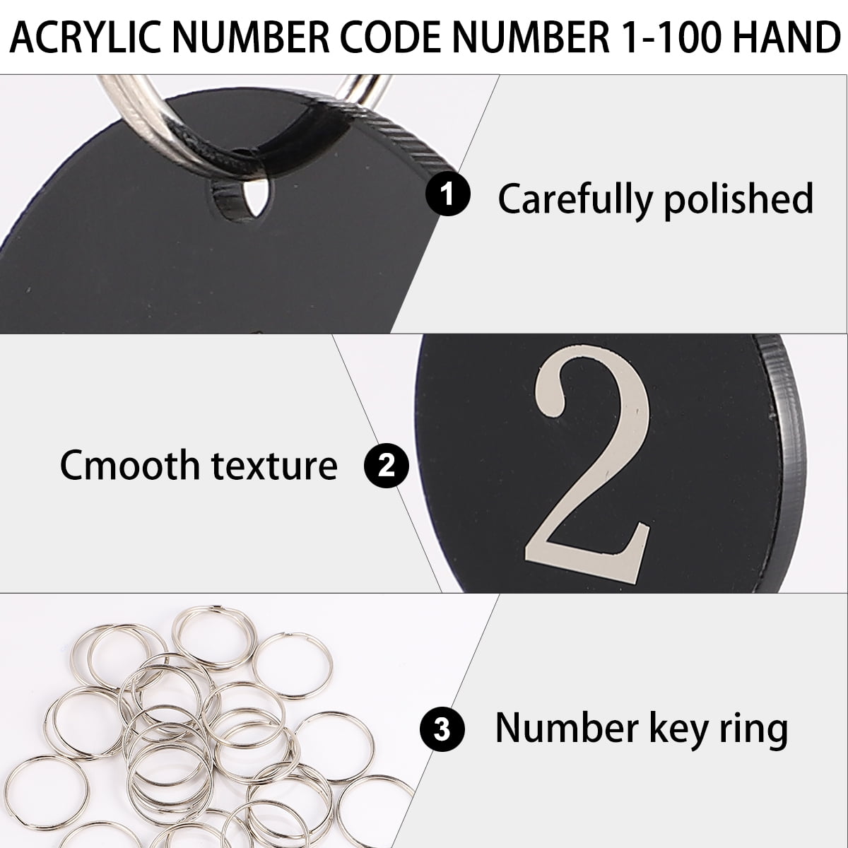 Raindrops 100 Pcs Round Acrylic Key Number Tags, Digital Hand Key Labels, 3.5x3.5x0.2cm Keychain Markers