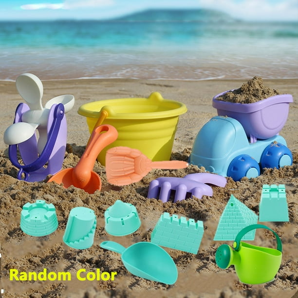 Kids Beach Sand Toys Set, 14 Pcs Beach Toys Castle Molds Sand Molds, Beach Bucket, Beach Shovel