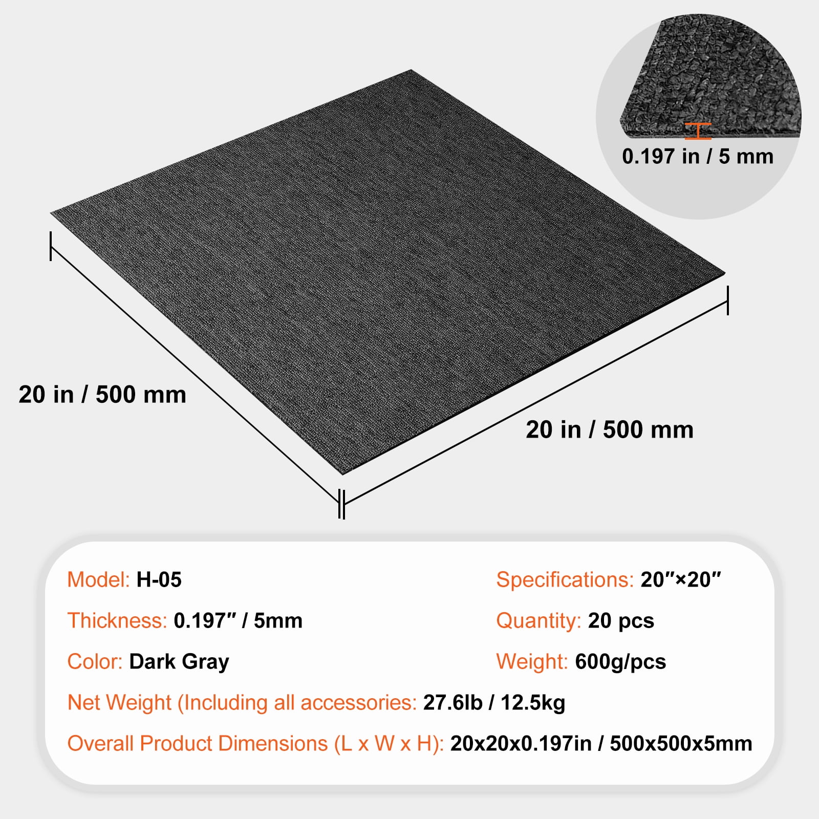 SKYSHALO Carpet Tile Floor 20pcs Squares w/Padding Attached 20"x 20"Dark Gray