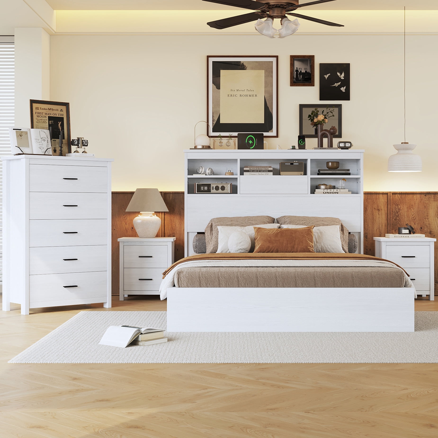 4-Pieces Queen Size Bedroom Set, Vintage Platform Bed Frame with Storage Headboard, USB Charging Port & 1x Dresser Cabinet 5 Drawers & 2 x Nightstands, No Box Spring Needed, White