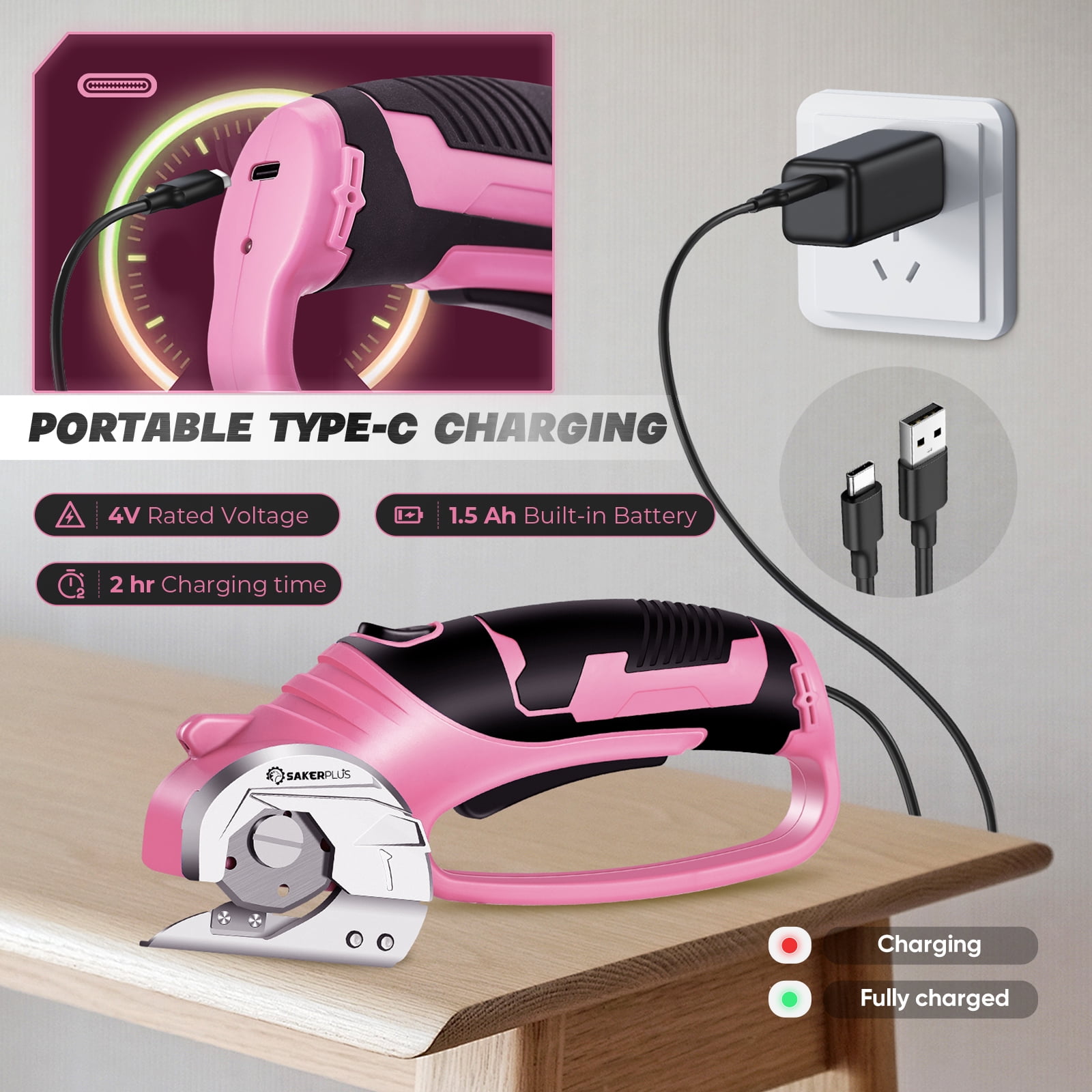 Saker 4V Cordless Electric Scissors, Cardboard Cutter with Safety Lock, LED Light, 220RPM Rotary Cutter for Cardboard, Fabric, Box, Leather, Pink