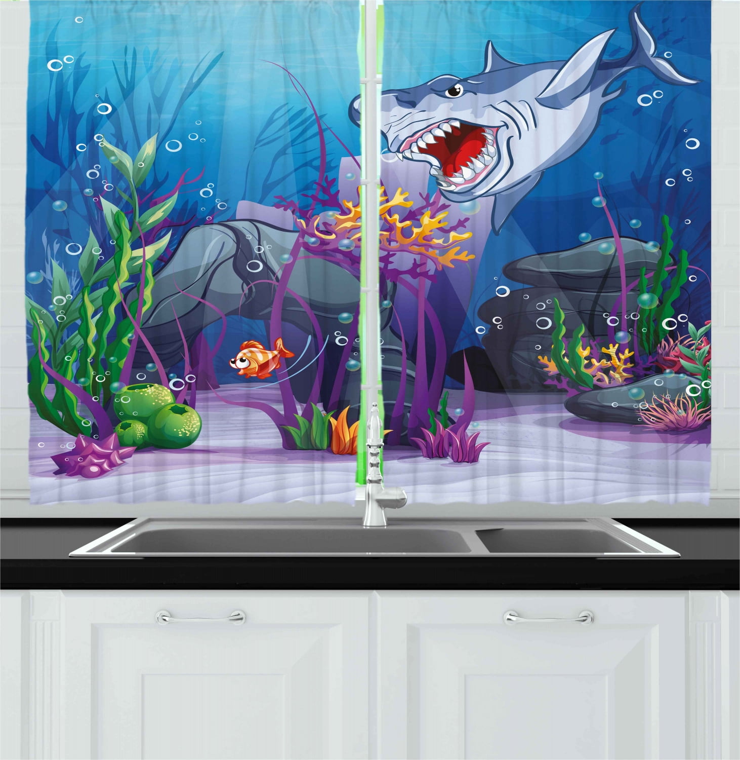 Ocean Curtains 2 Panels Set, Cartoon Style Underwater World Plants and Evil Shark Chasing Little Fish Illustration, Window Drapes for Living Room Bedroom, 55W X 39L Inches, Multicolor, by Ambesonne