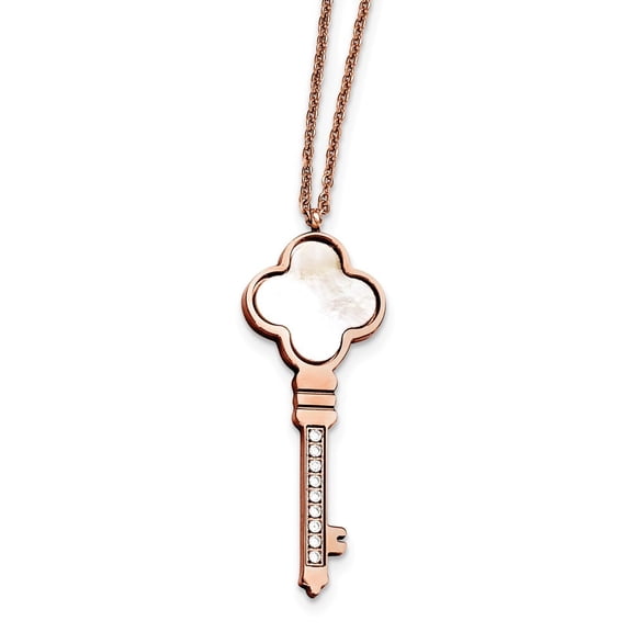 Stainless Steel Rose Ip-plated Cubic Zirconia and Mop Key With 2inch Ext Necklace - 16 Inch - Measures 17mm Wide