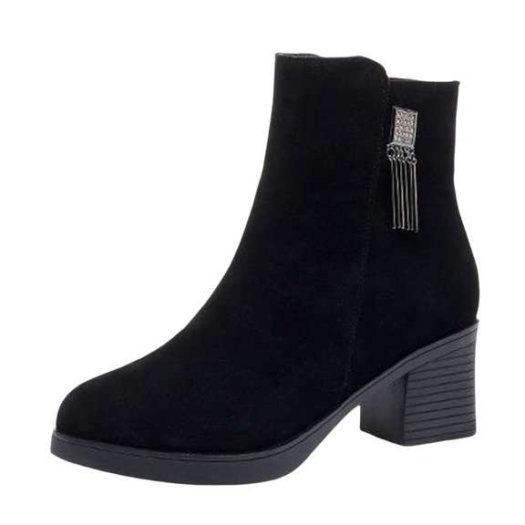 NOKIO Women's Ankle B𝗈𝗈𝑡𝑠 Rh𝗂nestones Tassel Decor B𝗈𝗈𝑡𝑠 Chun𝗄𝗒 Mid Block Heel Booties Elegant Round Toe Short B𝗈𝗈𝑡𝑠 Che𝗅sea B𝗈𝗈𝑡𝑠 Casual D𝗋essy Ladies Shoes for Fall Winter