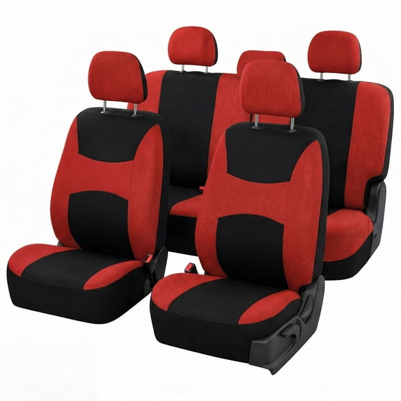 FH Group Light & Breeze Seat Covers Combo Set, Full Seat Set with Leather Steering Wheel Cover, Red Black