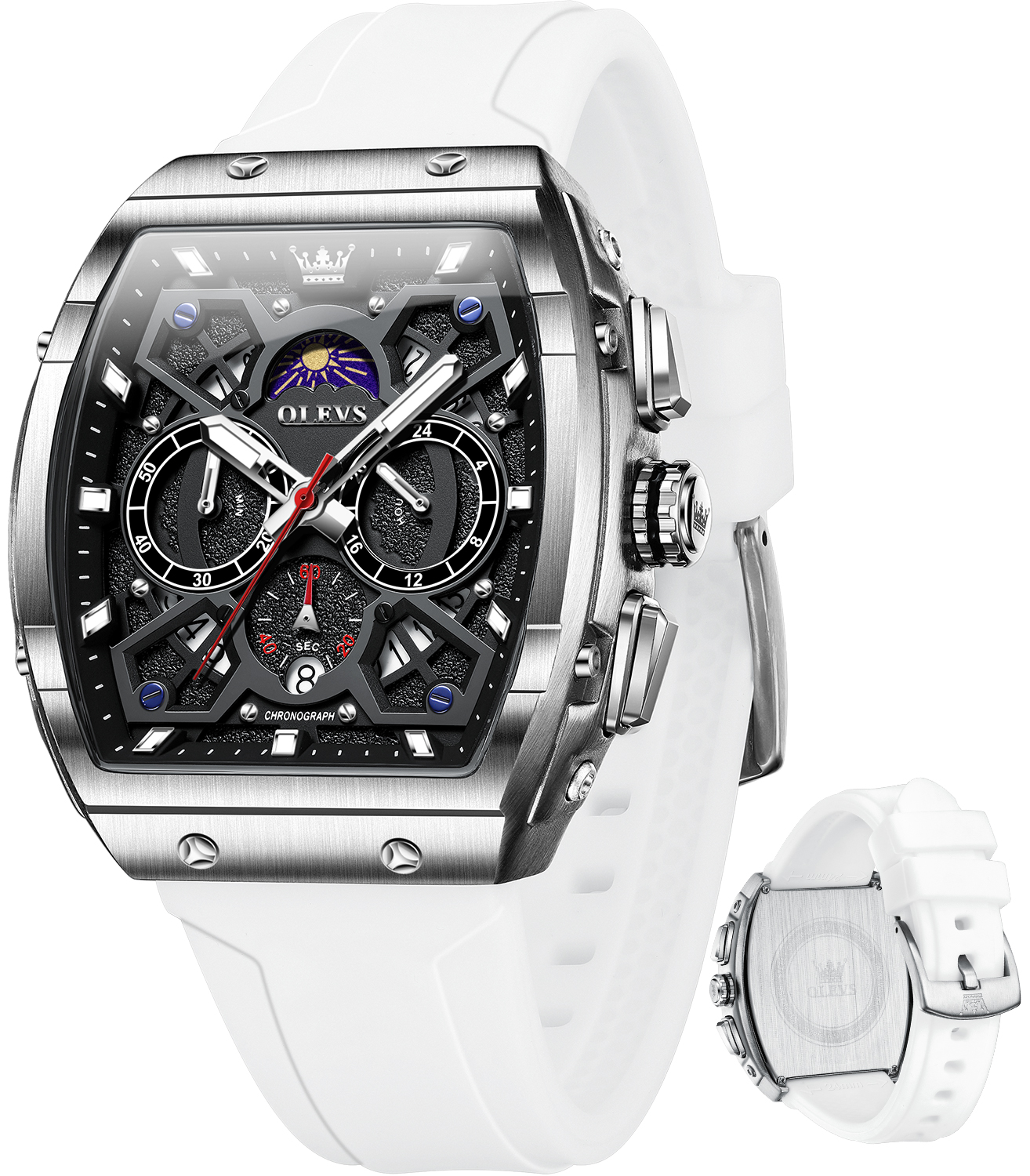 OLEVS Watches for Men Chronograph Waterproof Luxury Dress Quartz Silicon Strap Multifunction Moon Phase Calendar Luminous Men Wrist Watches Reloj Para Hombre Black/Red