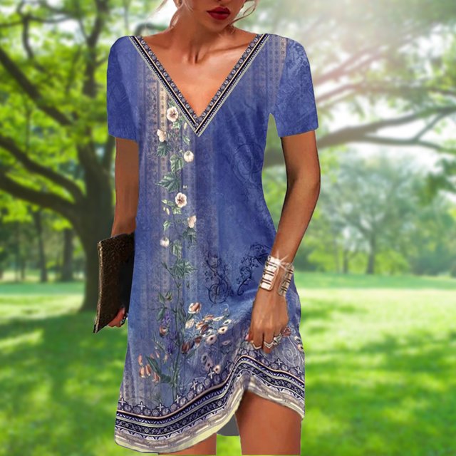 Vestido De Las Señoras Vestido elegante estampado Estilo étnico Verano Mujer Vestidos para fiesta (Púrpura M) Cgtredaw Para estrenar
