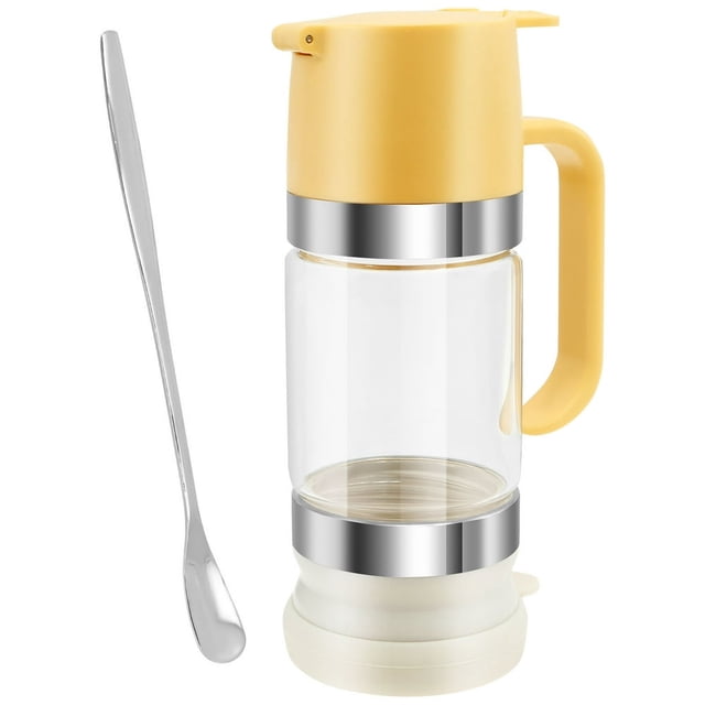 HLONK Glass Honey Dispenser Pot 300ml Easy Refill Syrup Dispenser Jar with Handle and Spoon Honey Jar Clear Maple Syrup Dispenser Drip Honey Container Pot for Honey Syrup