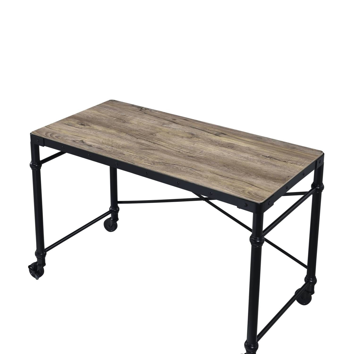 Industrial Writing Desk with Wheels, 47 in Wooden Tabletop, Metal Frame, 70 lb Weight Limit, Mobile Home Office Study Desk