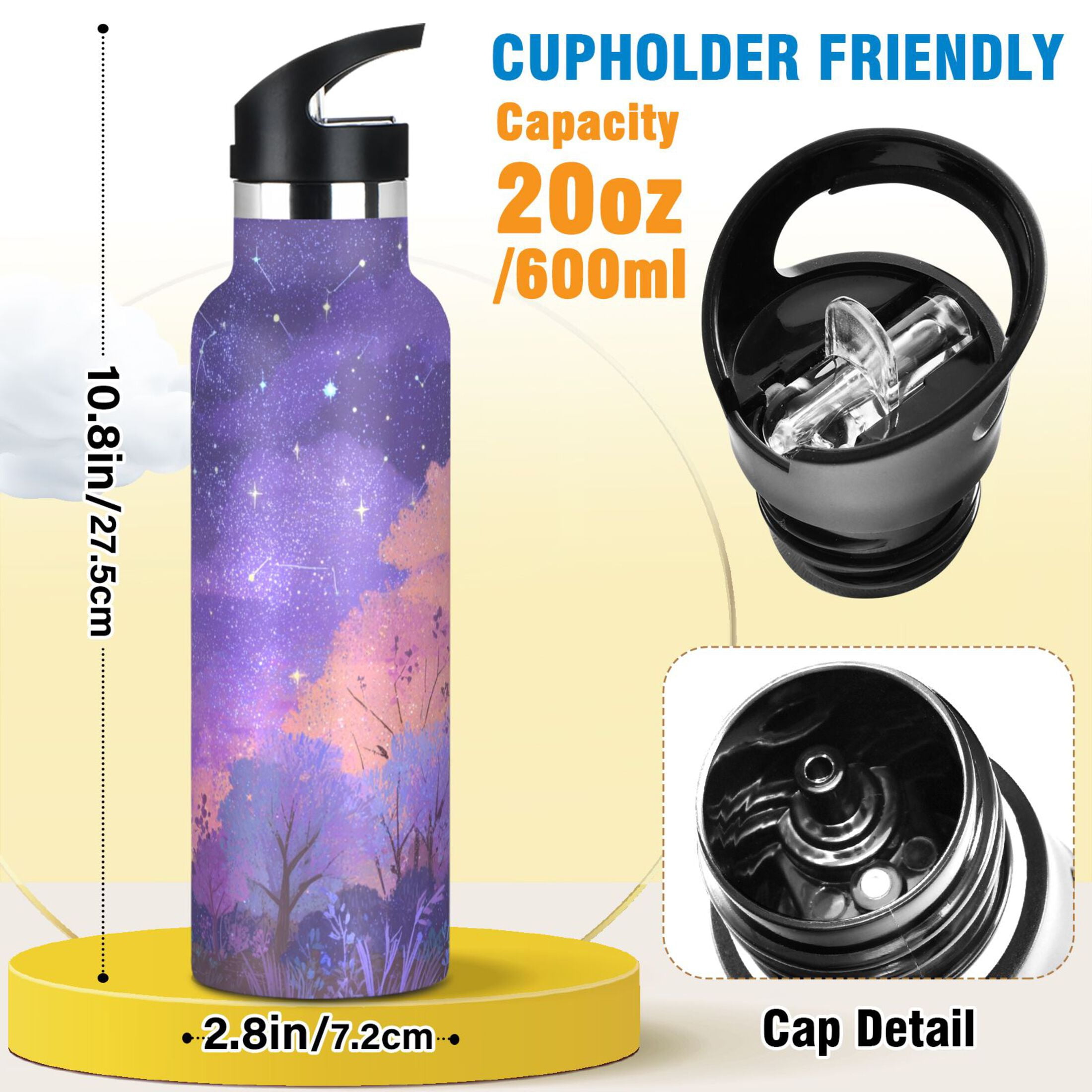 600ML Stainless Steel Insulated Cup Sports Water Bottle Portable Thermos Cup Water Glasses Insulated Tumblers Convenient and Durable Black Cat Cute