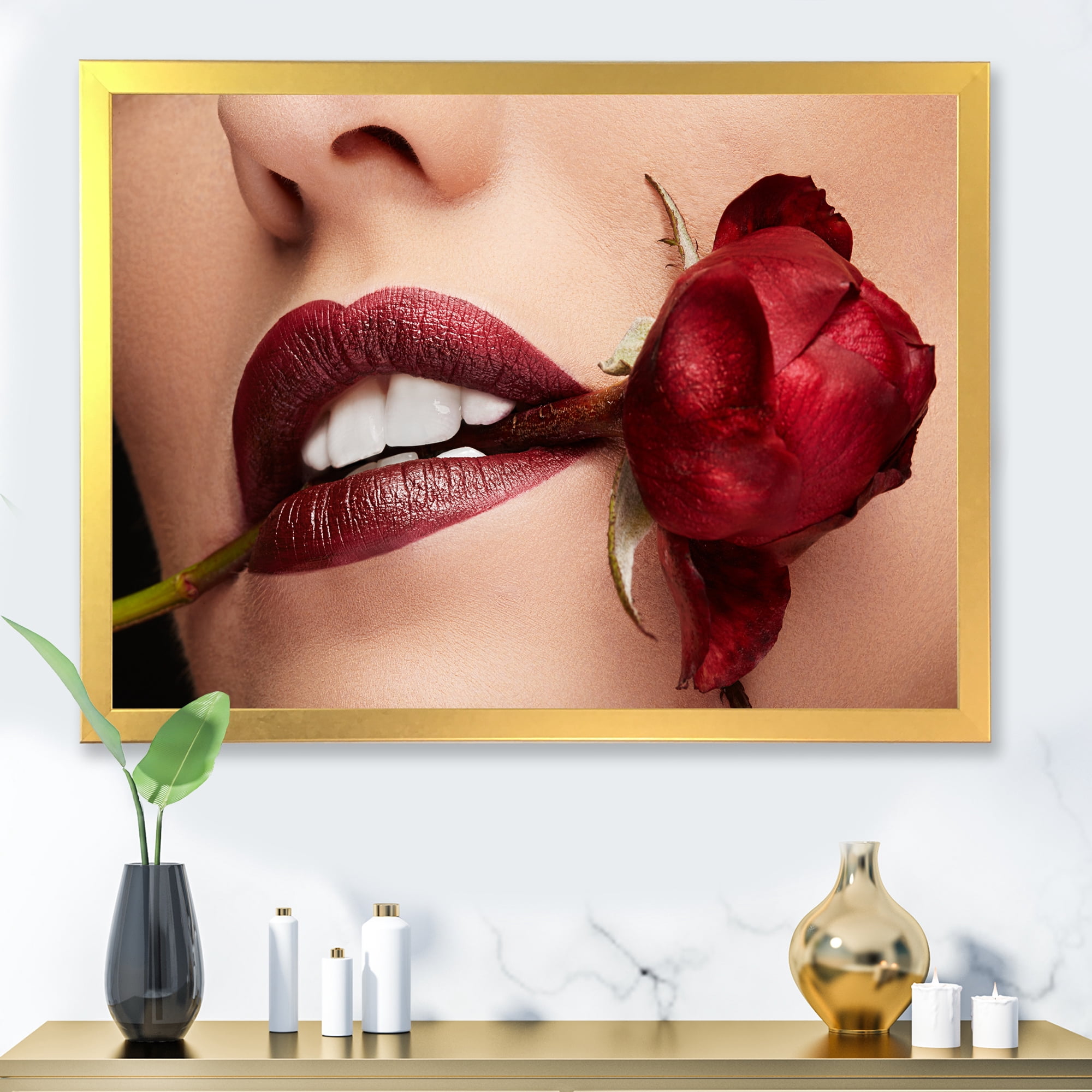 Designart 'Girl With Red Lipstick Holding A Rose In Mouth' Modern Framed Art Print